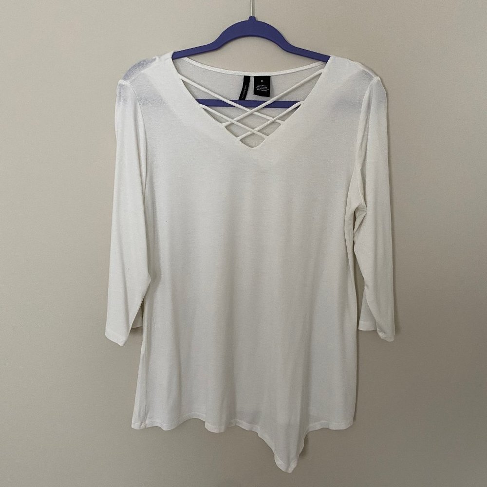 white crossing front 3/4 length shirt